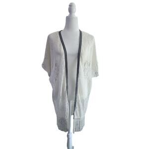 Bebe Women's Sheer White Lace Boho Kimono Duster With Fringe Os Nwot